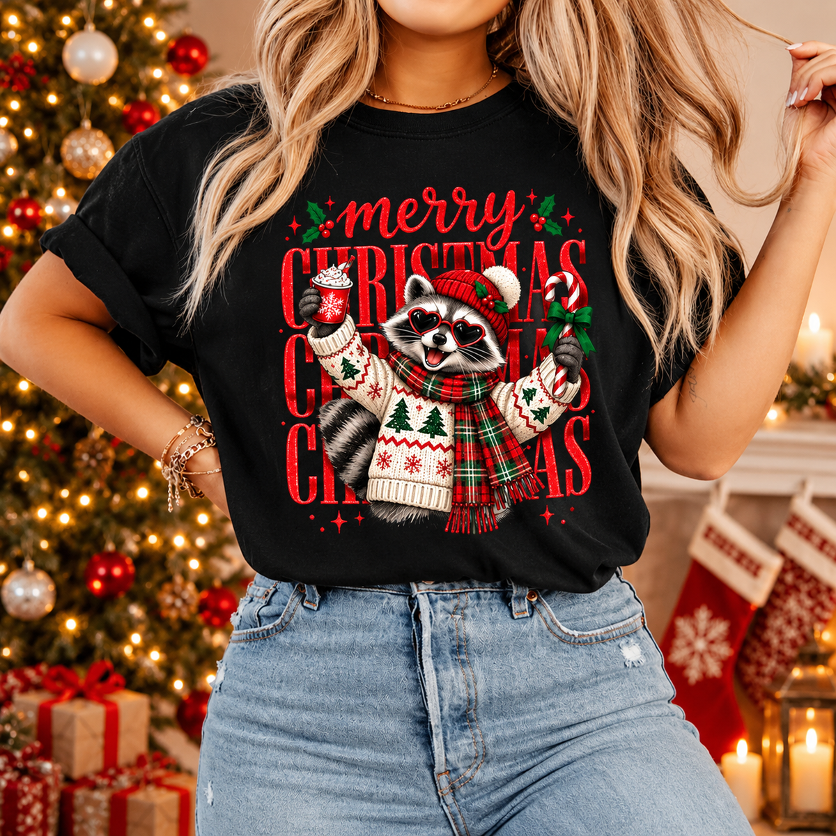Christmas Raccoon Shirt, Merry Christmas Graphic Tee, Sweatshirt & Hoodie