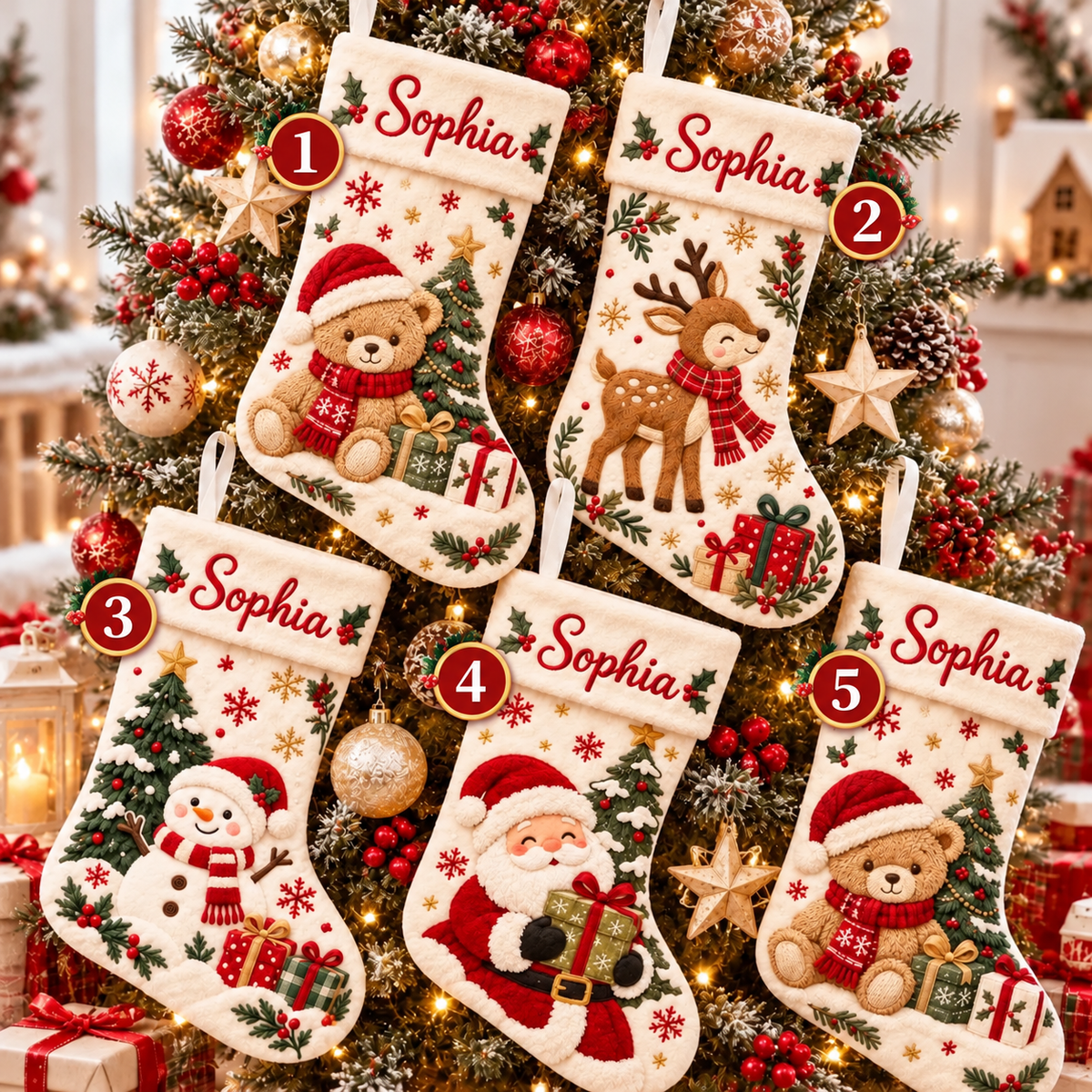Personalized Christmas Stocking, Santa Reindeer Snowman Stocking, Custom Name Holiday Stocking
