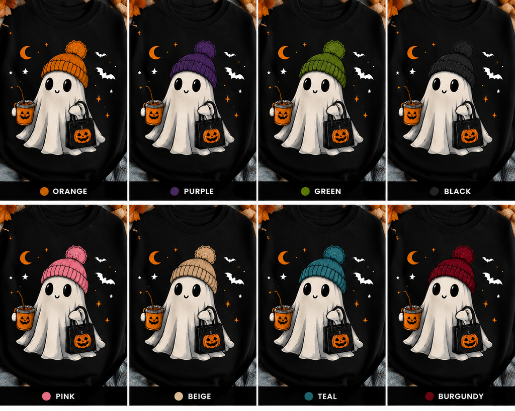 Personalized Halloween Ghost Shirt, Custom Hat Color, Cute Spooky Season Tee