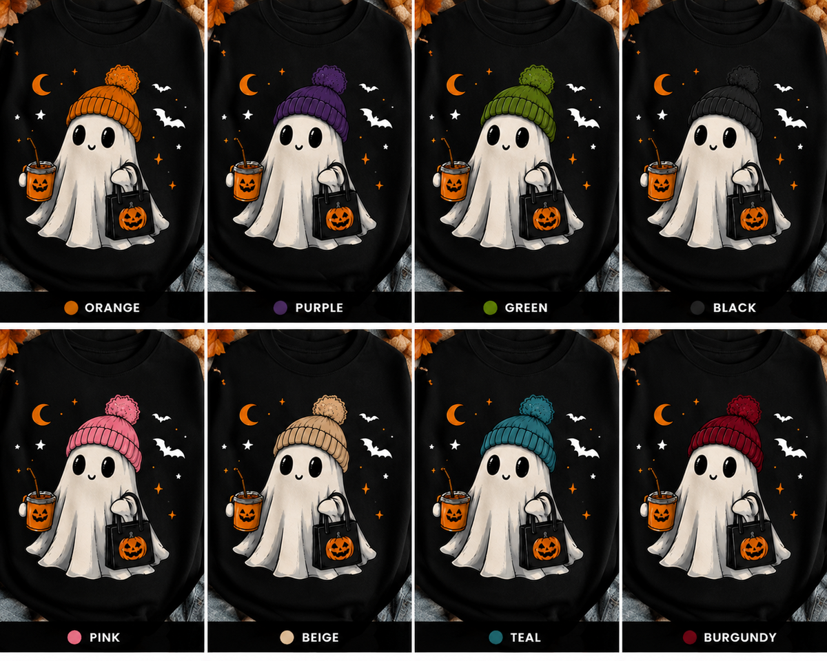 Personalized Halloween Ghost Shirt, Custom Hat Color, Cute Spooky Season Tee