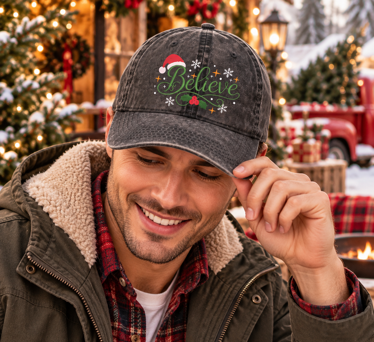 Believe Christmas Hat, Vintage Washed Dad Cap, Santa Holiday Baseball Hat, Festive Winter Accessory, Christmas Gift for Her and Him