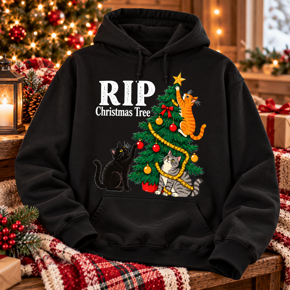 RIP Christmas Tree Shirt – Funny Cat Christmas Sweatshirt & Hoodie