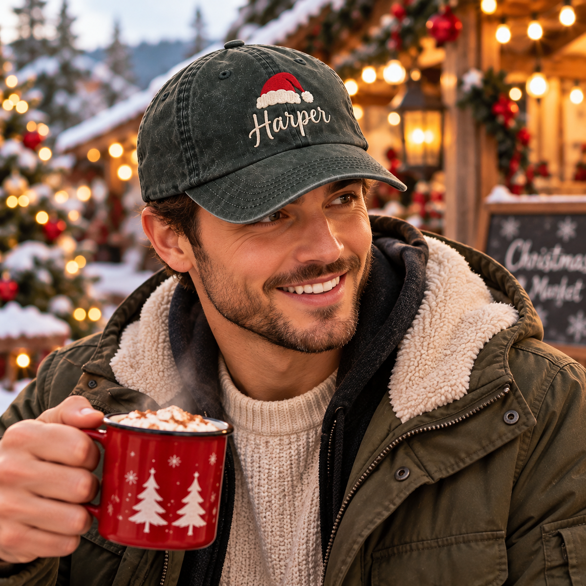 Personalized Christmas Hat, Custom Name Santa Cap, Embroidered Holiday Dad Hat, Vintage Washed Baseball Cap, Christmas Gift