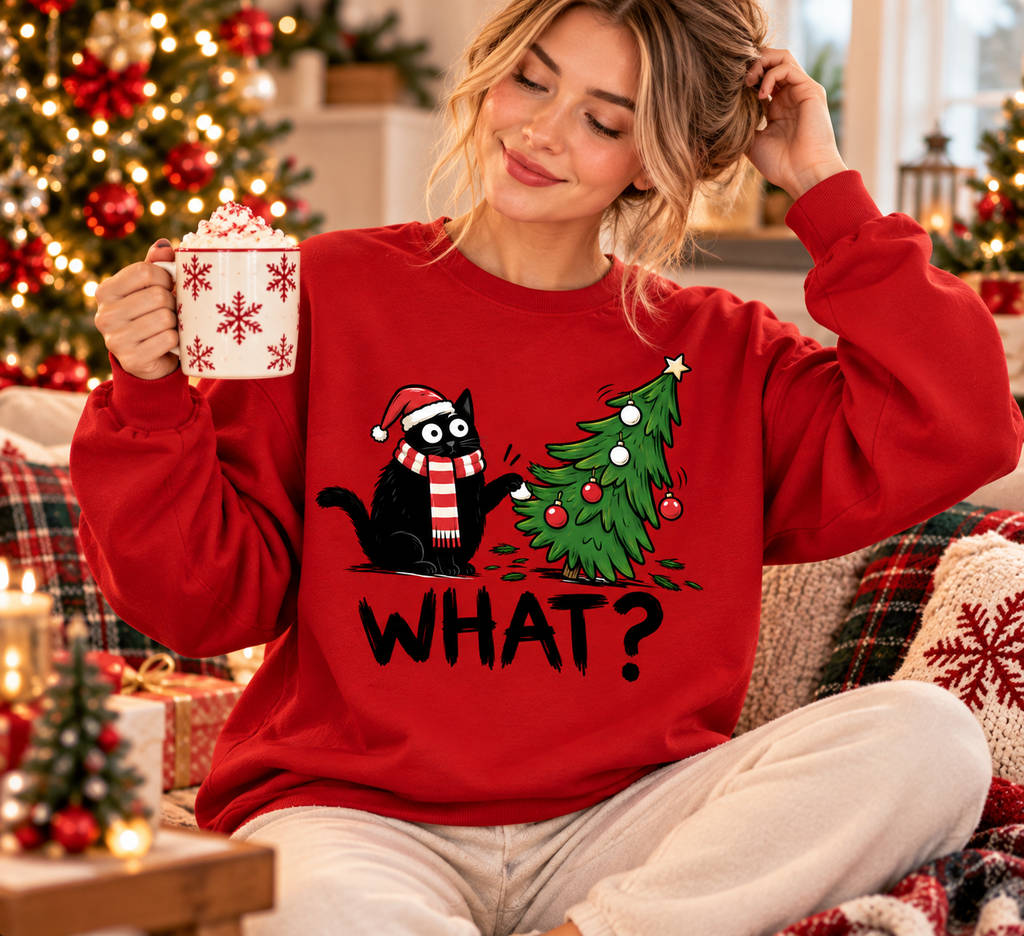 Funny Black Cat Christmas Shirt – What? Cat Sweatshirt & Hoodie