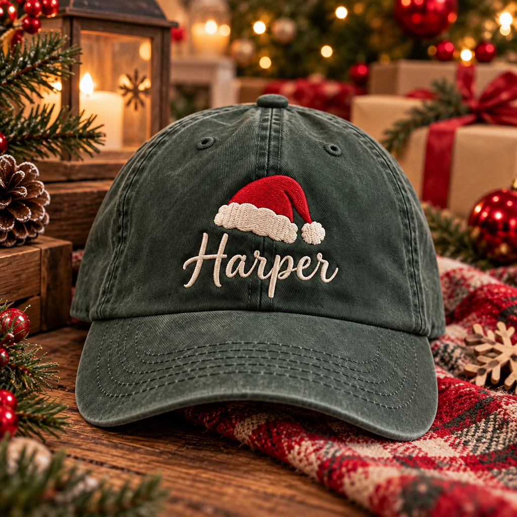 Personalized Christmas Hat, Custom Name Santa Cap, Embroidered Holiday Dad Hat, Vintage Washed Baseball Cap, Christmas Gift