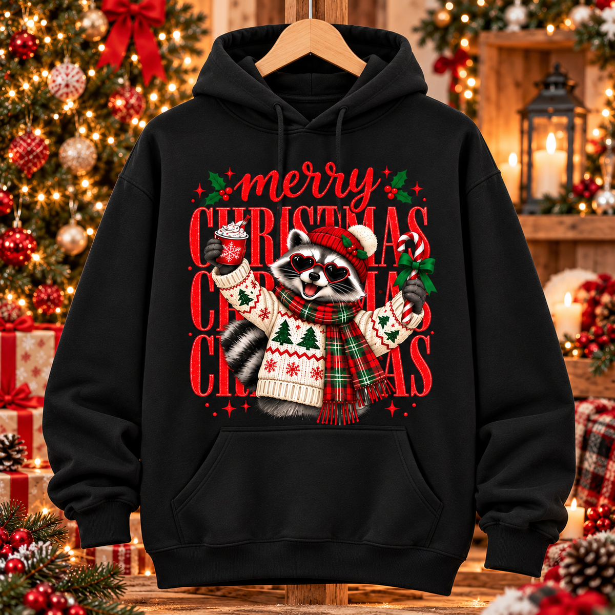 Christmas Raccoon Shirt, Merry Christmas Graphic Tee, Sweatshirt & Hoodie