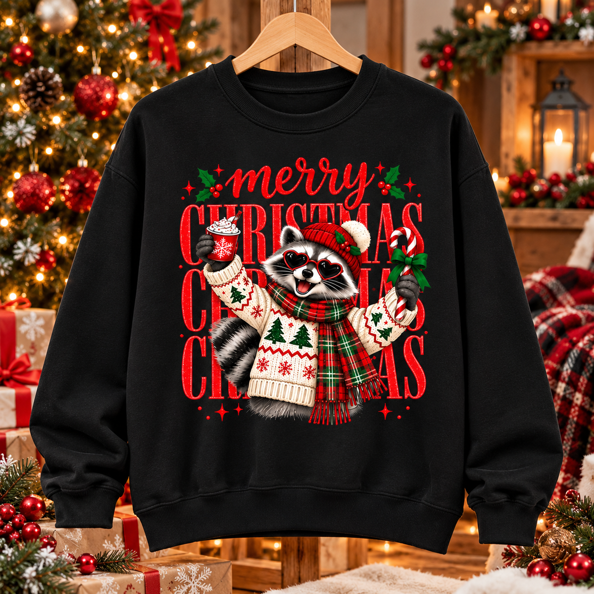 Christmas Raccoon Shirt, Merry Christmas Graphic Tee, Sweatshirt & Hoodie