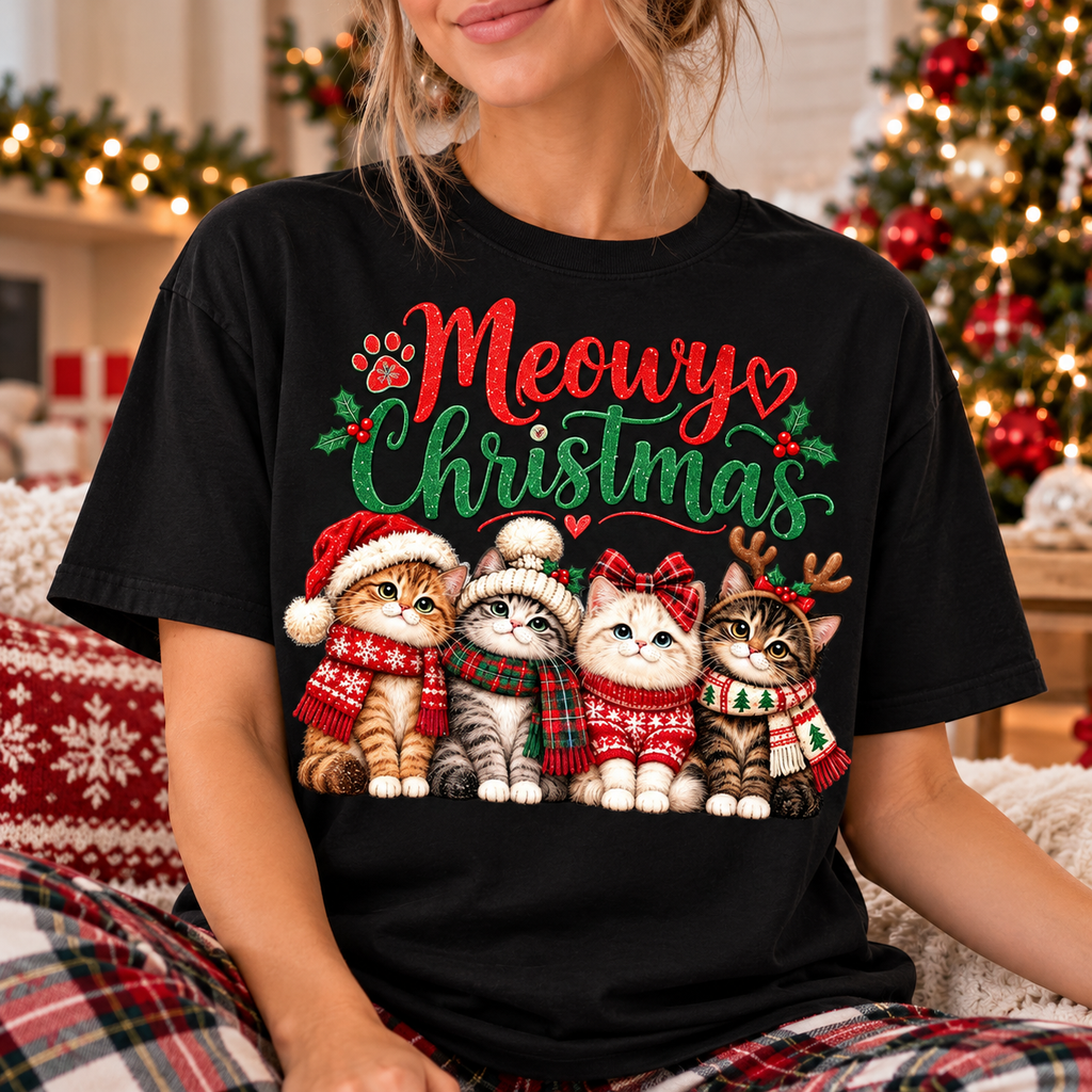 Meowy Christmas Sweatshirt, Cute Christmas Cat Shirt, Cat Lover Holiday Gift