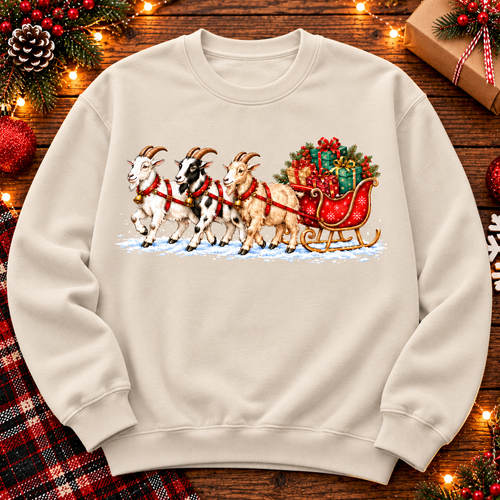 Christmas Goat Sweatshirt, Festive Sleigh Crewneck, Funny Holiday Shirt, Christmas Gift for Animal Lovers