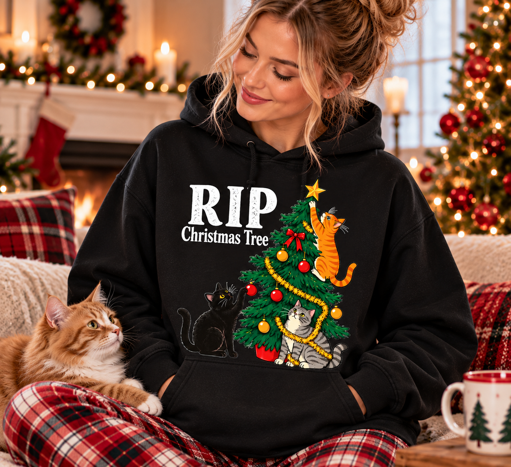 RIP Christmas Tree Shirt – Funny Cat Christmas Sweatshirt & Hoodie