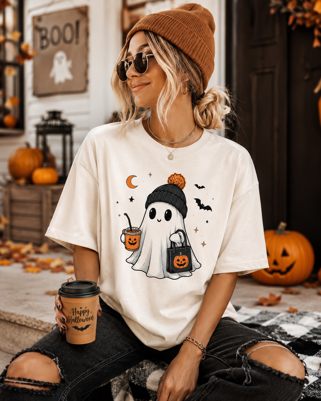 Personalized Halloween Ghost Shirt, Custom Hat Color, Cute Spooky Season Tee