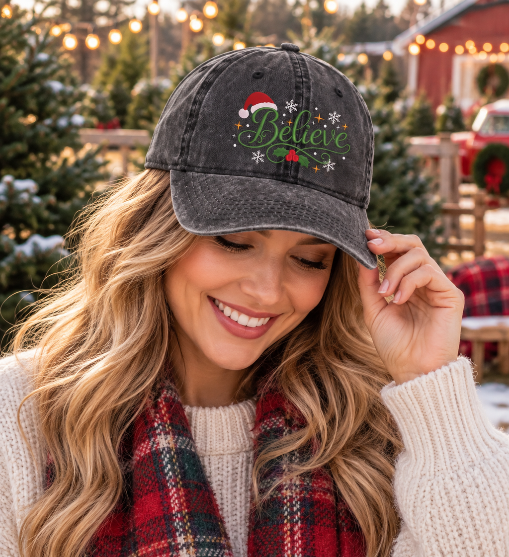 Believe Christmas Hat, Vintage Washed Dad Cap, Santa Holiday Baseball Hat, Festive Winter Accessory, Christmas Gift for Her and Him