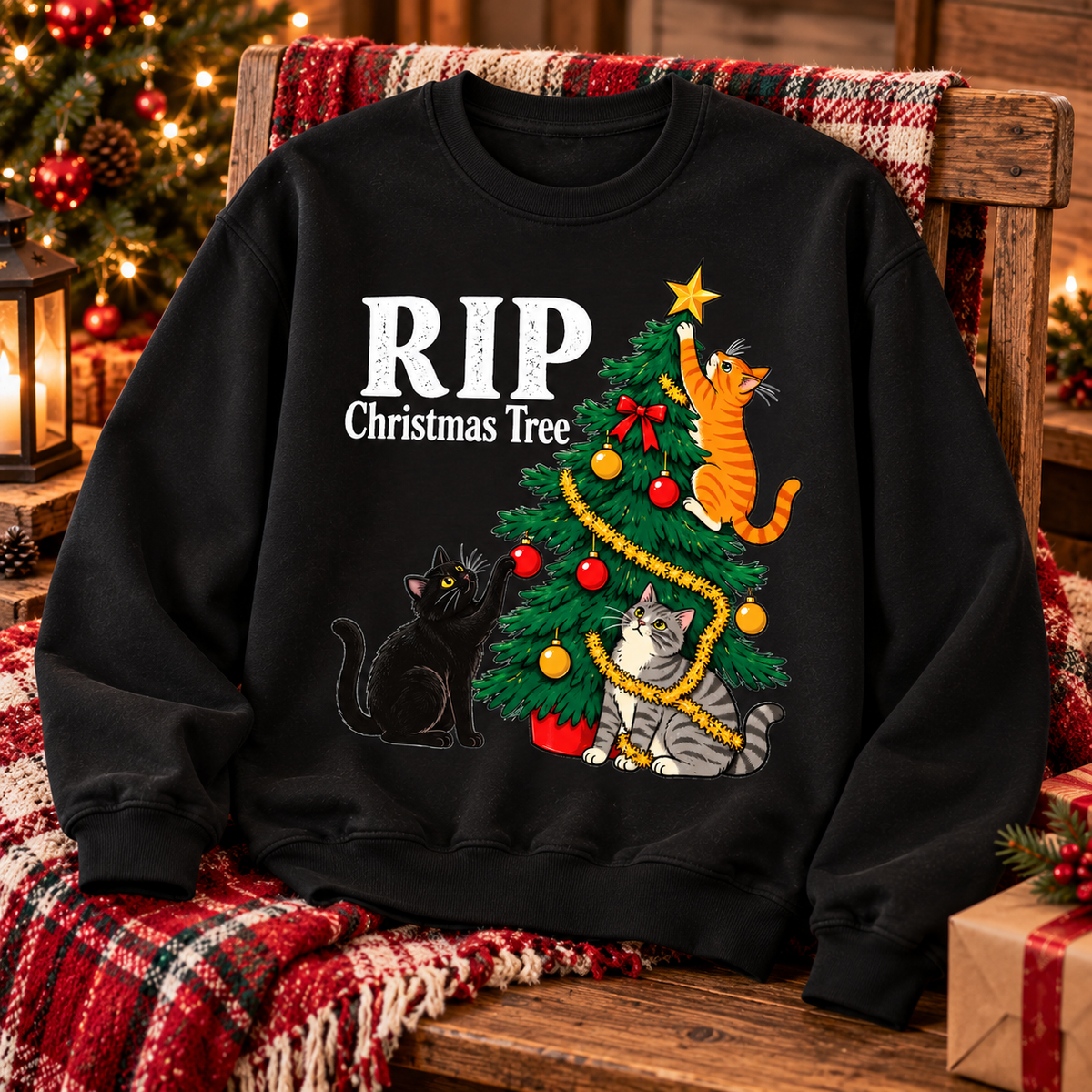 RIP Christmas Tree Shirt – Funny Cat Christmas Sweatshirt & Hoodie