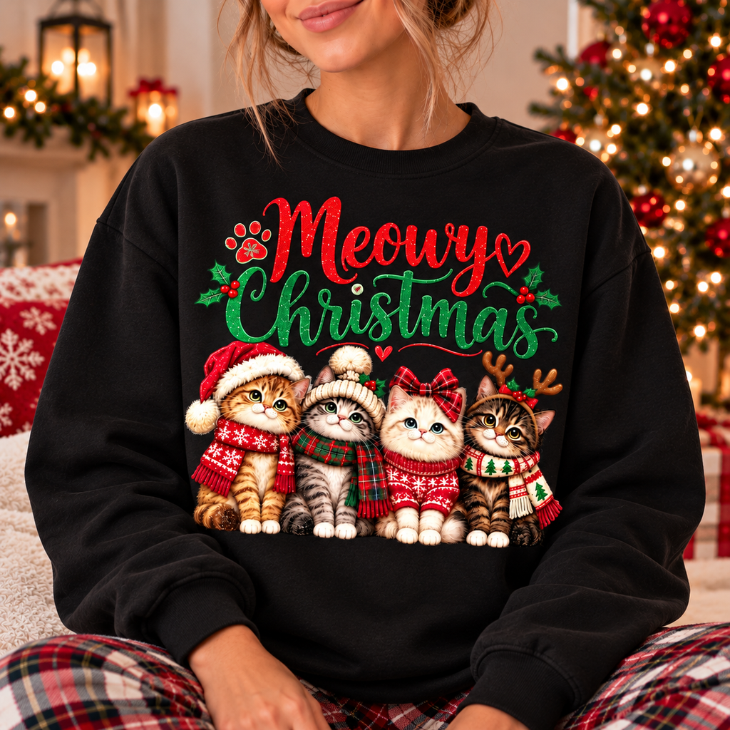 Meowy Christmas Sweatshirt, Cute Christmas Cat Shirt, Cat Lover Holiday Gift