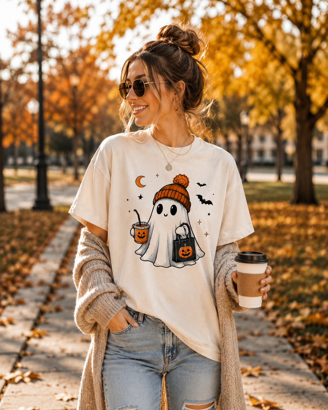 Personalized Halloween Ghost Shirt, Custom Hat Color, Cute Spooky Season Tee
