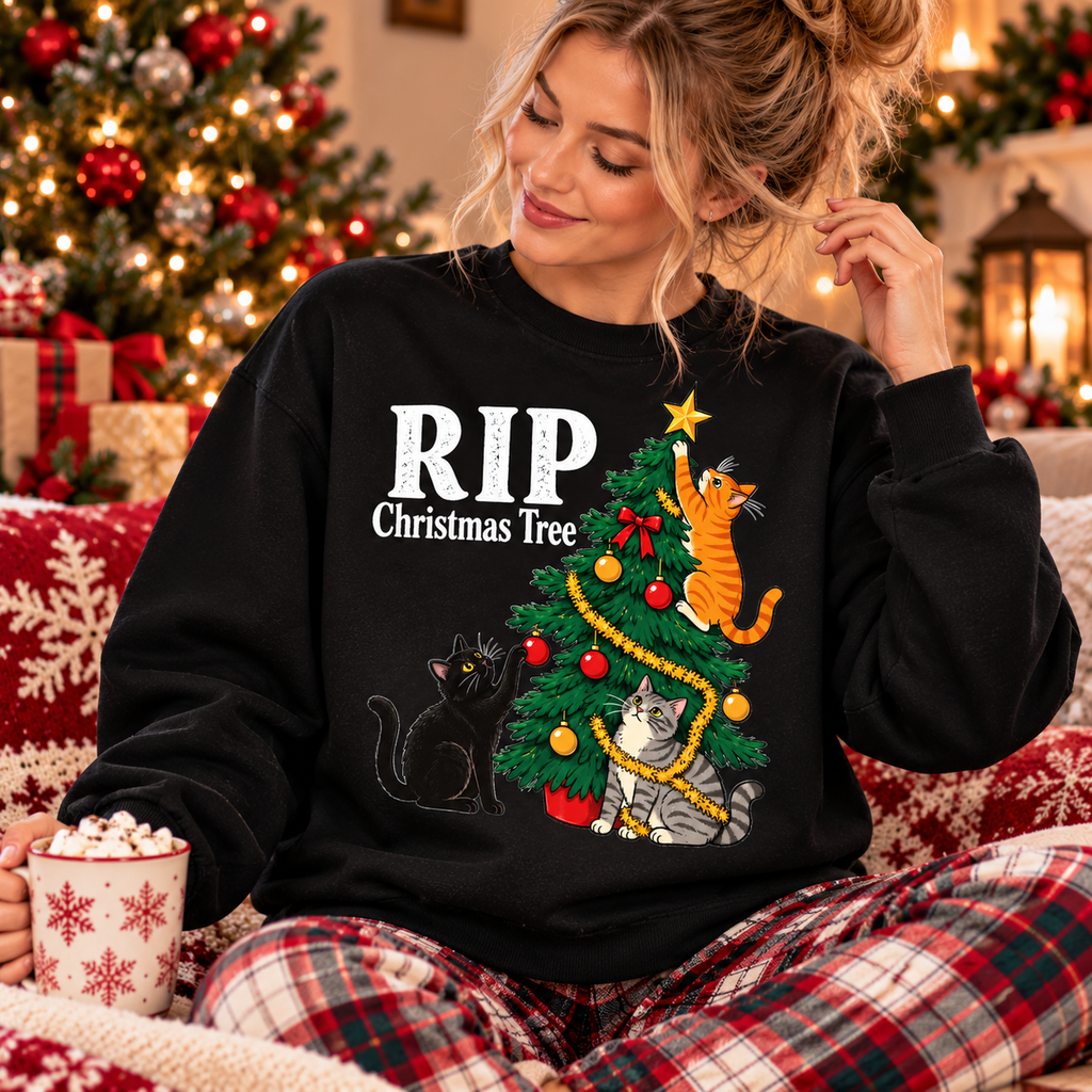 RIP Christmas Tree Shirt – Funny Cat Christmas Sweatshirt & Hoodie