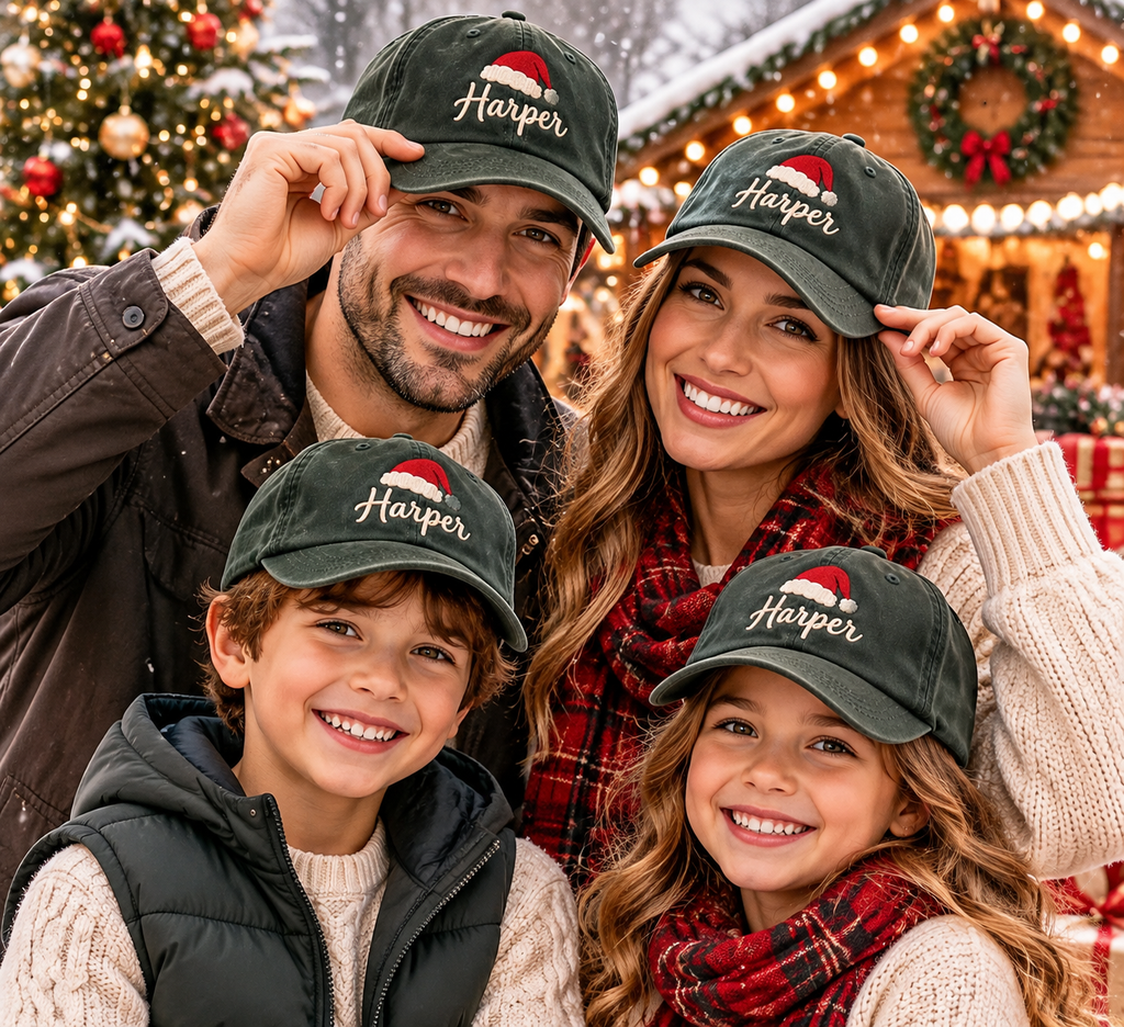 Personalized Christmas Hat, Custom Name Santa Cap, Embroidered Holiday Dad Hat, Vintage Washed Baseball Cap, Christmas Gift