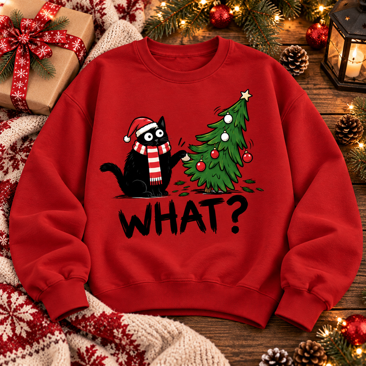 Funny Black Cat Christmas Shirt – What? Cat Sweatshirt & Hoodie