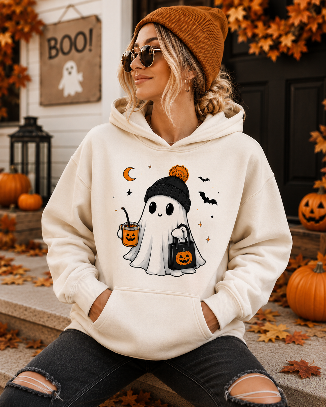 Personalized Halloween Ghost Shirt, Custom Hat Color, Cute Spooky Season Tee