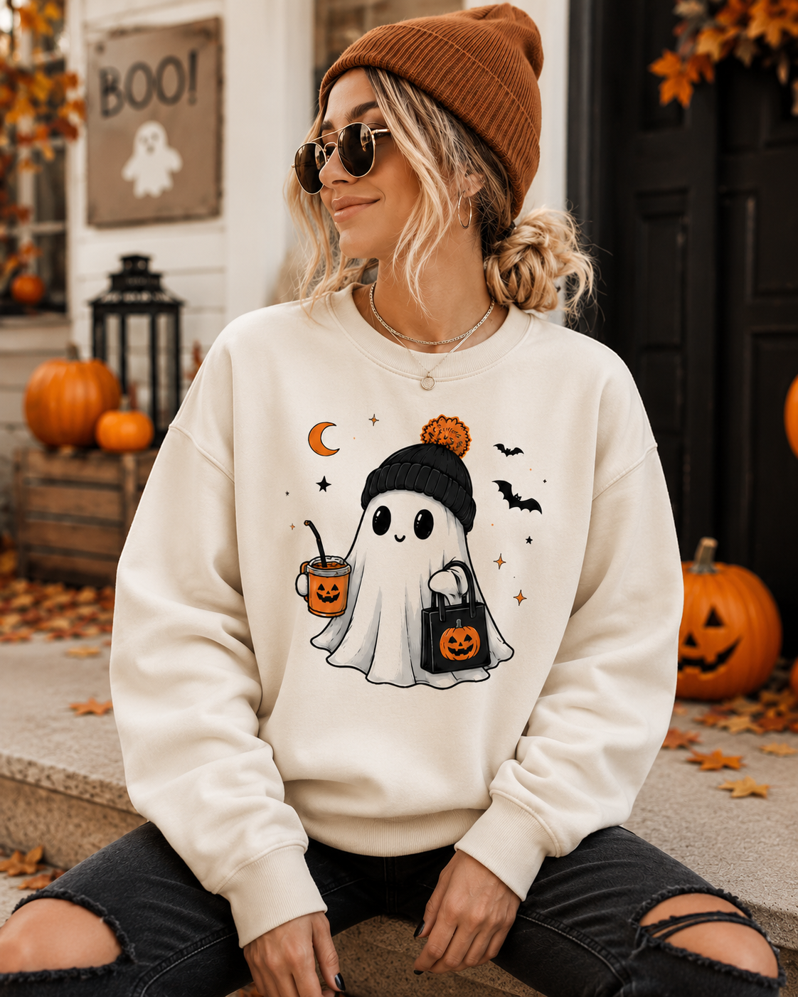 Personalized Halloween Ghost Shirt, Custom Hat Color, Cute Spooky Season Tee