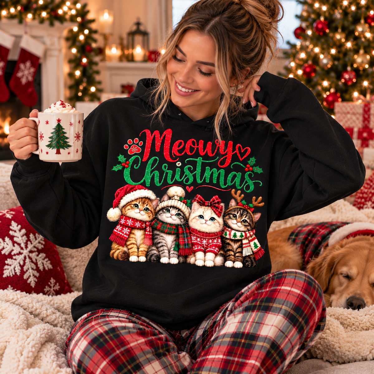 Meowy Christmas Sweatshirt, Cute Christmas Cat Shirt, Cat Lover Holiday Gift