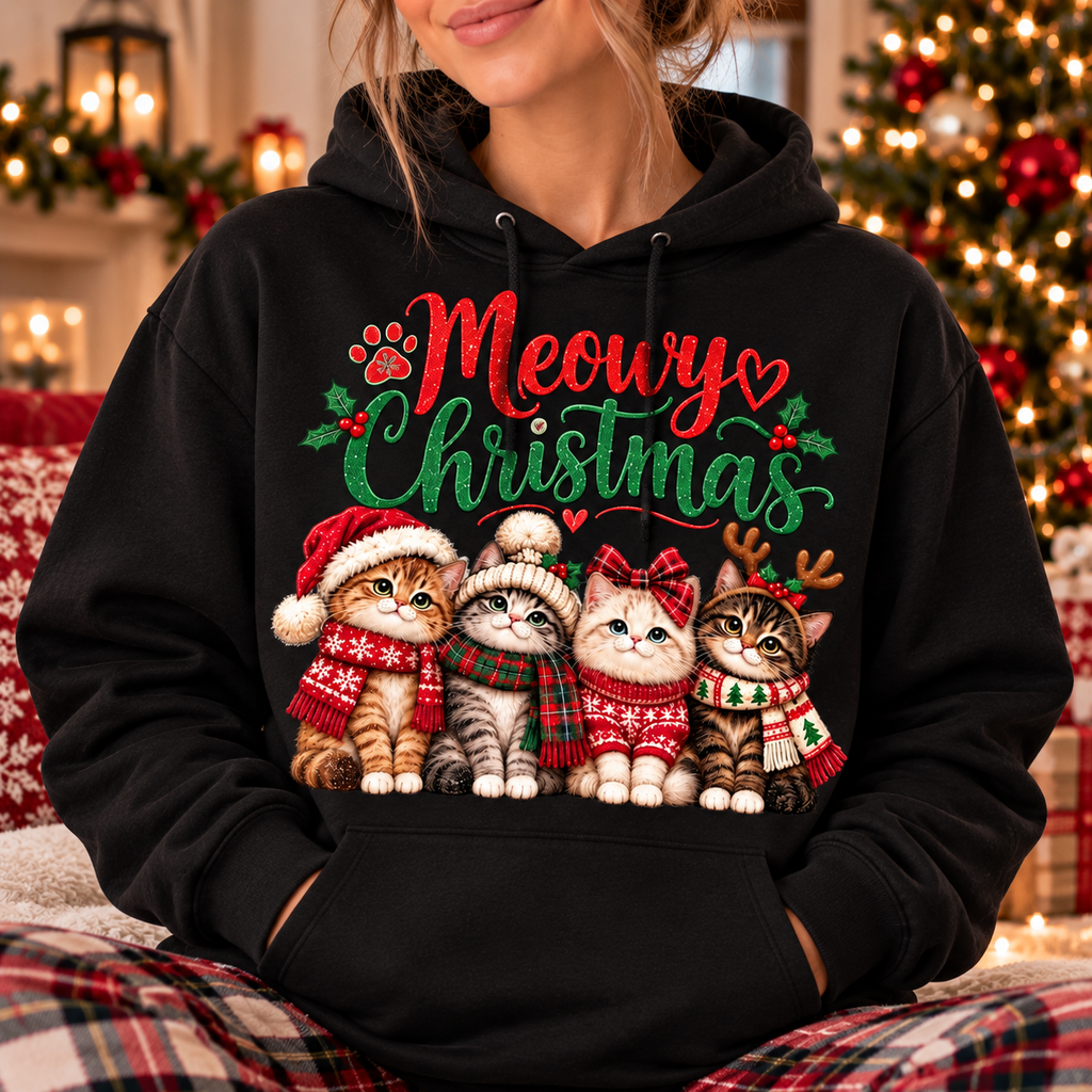 Meowy Christmas Sweatshirt, Cute Christmas Cat Shirt, Cat Lover Holiday Gift