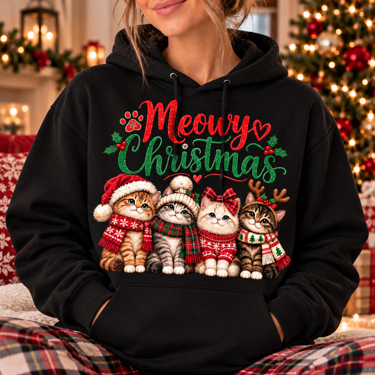 Meowy Christmas Sweatshirt, Cute Christmas Cat Shirt, Cat Lover Holiday Gift