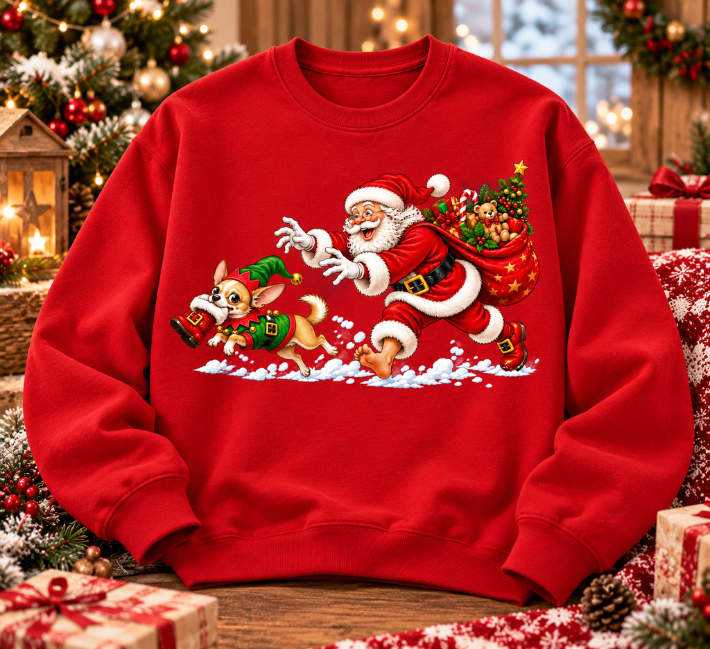 Funny Christmas Shirt, Santa Chasing Dog Tee, Cute Holiday Gift
