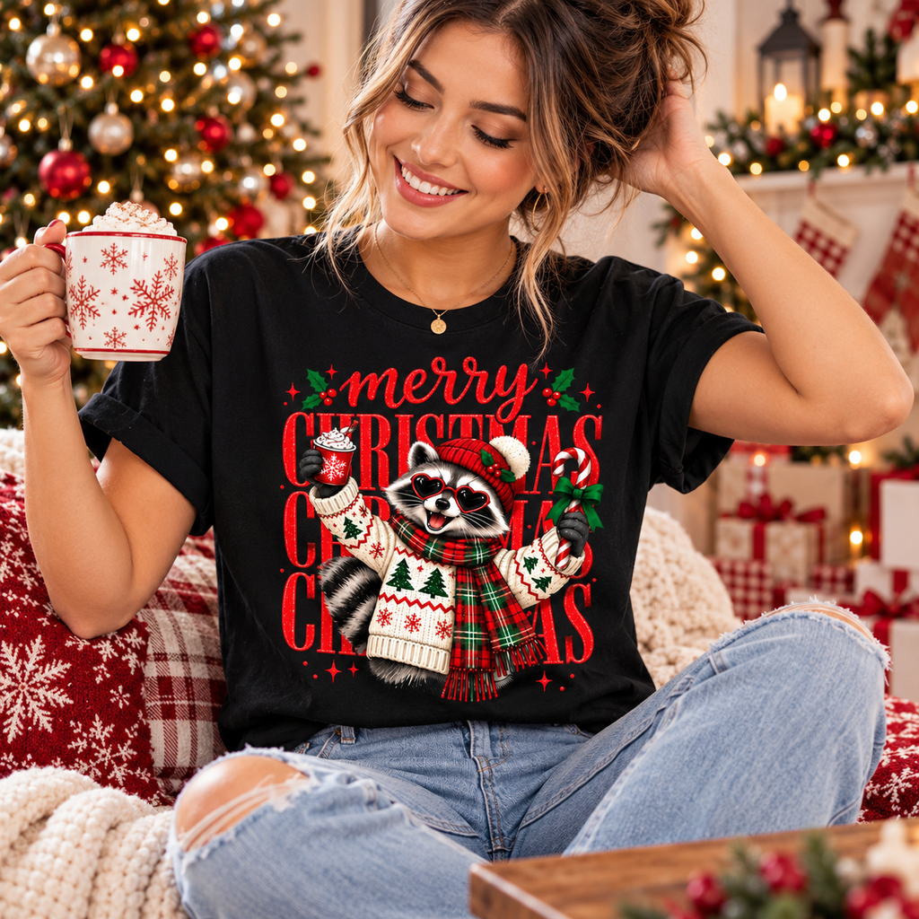 Christmas Raccoon Shirt, Merry Christmas Graphic Tee, Sweatshirt & Hoodie
