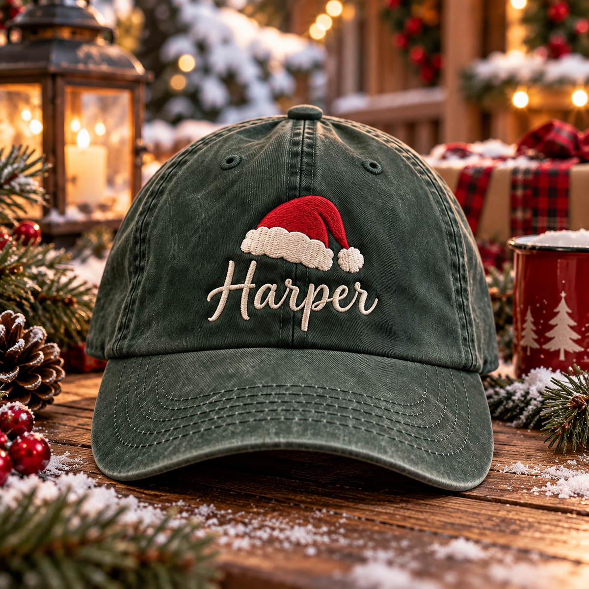 Personalized Christmas Hat, Custom Name Santa Cap, Embroidered Holiday Dad Hat, Vintage Washed Baseball Cap, Christmas Gift