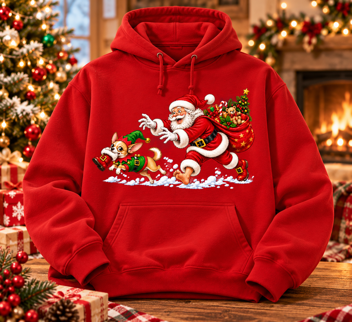 Funny Christmas Shirt, Santa Chasing Dog Tee, Cute Holiday Gift