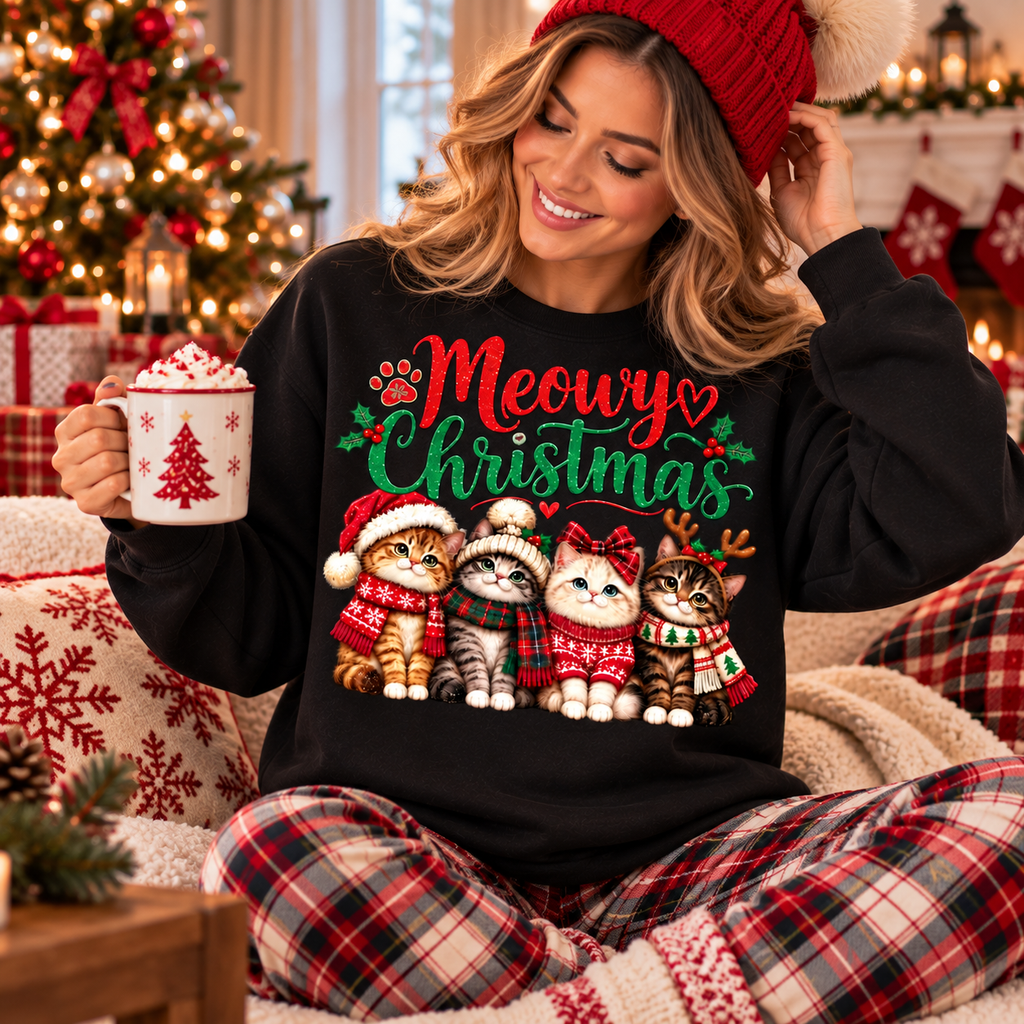 Meowy Christmas Sweatshirt, Cute Christmas Cat Shirt, Cat Lover Holiday Gift