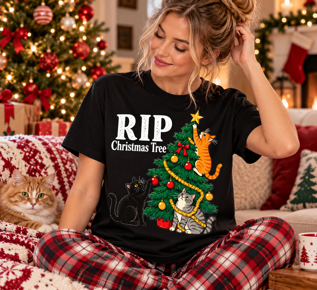 RIP Christmas Tree Shirt – Funny Cat Christmas Sweatshirt & Hoodie