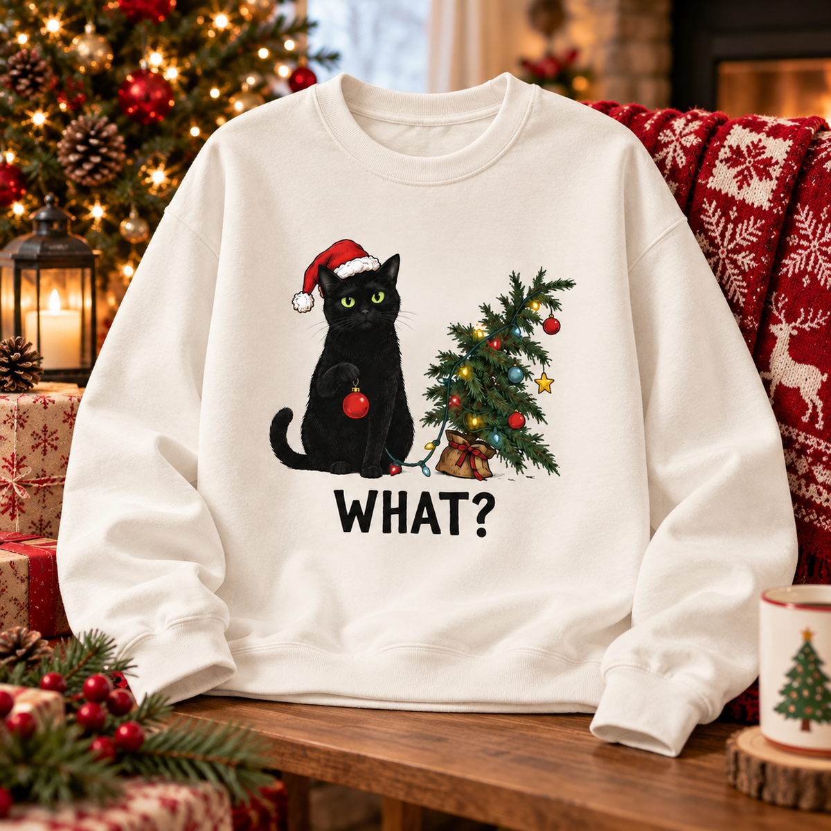 Funny Christmas Cat Hoodie, Black Cat Santa Sweatshirt, Holiday Gift for Cat Lovers