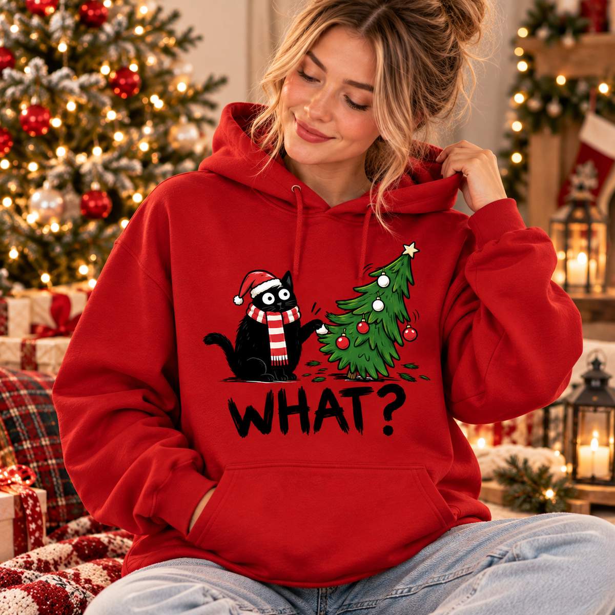 Funny Black Cat Christmas Shirt – What? Cat Sweatshirt & Hoodie