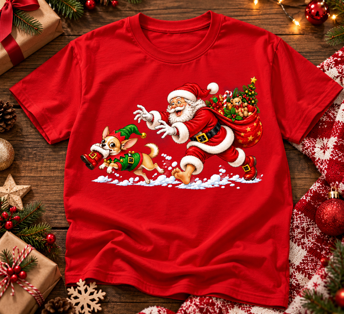 Funny Christmas Shirt, Santa Chasing Dog Tee, Cute Holiday Gift