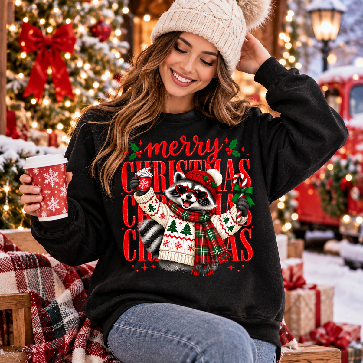 Christmas Raccoon Shirt, Merry Christmas Graphic Tee, Sweatshirt & Hoodie
