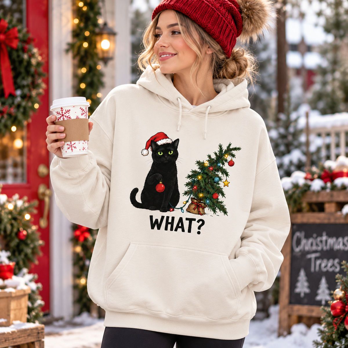 Funny Christmas Cat Hoodie, Black Cat Santa Sweatshirt, Holiday Gift for Cat Lovers