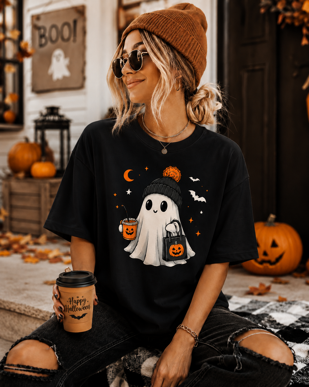 Personalized Halloween Ghost Shirt, Custom Hat Color, Cute Spooky Season Tee