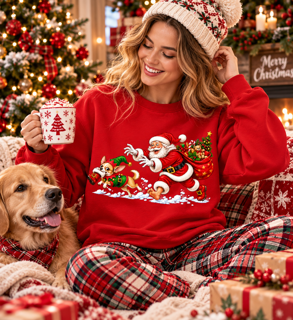 Funny Christmas Shirt, Santa Chasing Dog Tee, Cute Holiday Gift