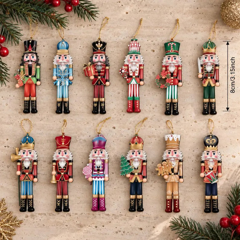 Set of 12 Wooden Nutcracker Christmas Ornaments