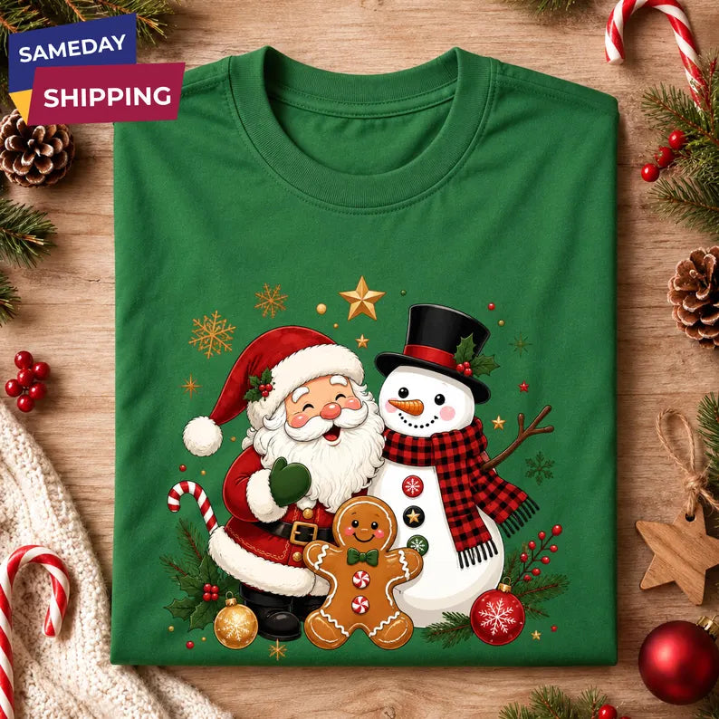 Christmas Santa Snowman Shirt, Gingerbread Man Holiday Tee