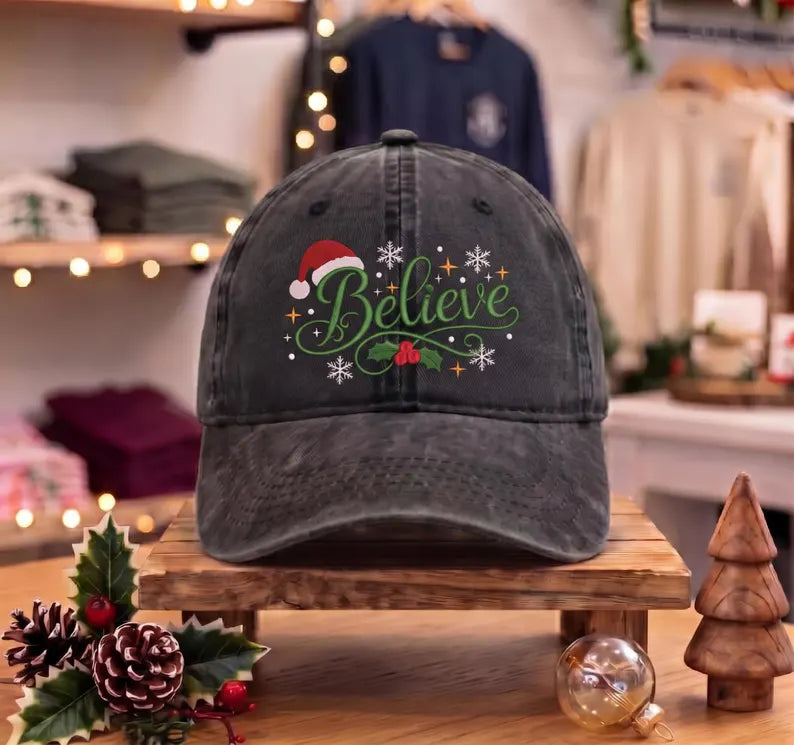 Believe Christmas Hat, Vintage Washed Dad Cap, Santa Holiday Baseball Hat, Festive Winter Accessory, Christmas Gift for Her and Him