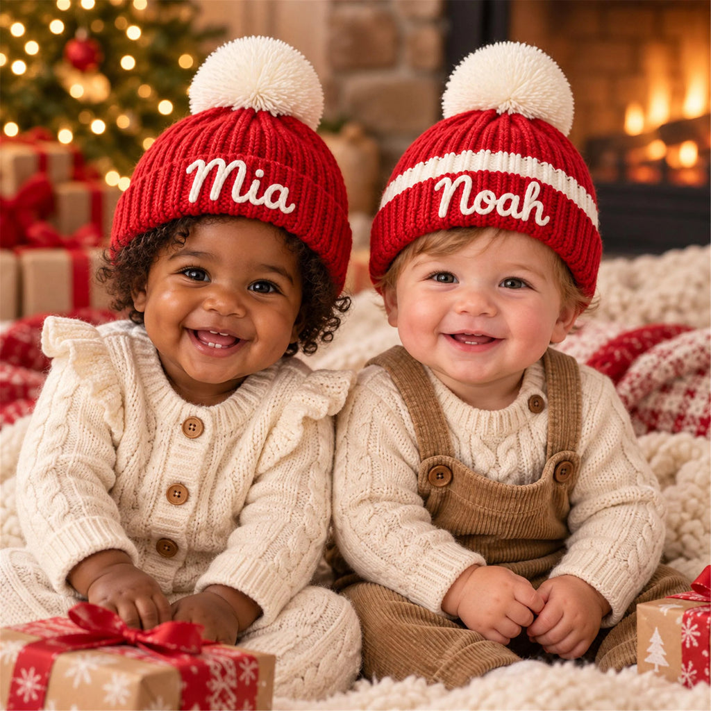 Custom Name Kids Winter Hat, Personalized Christmas Beanie with Plush Ornament, Holiday Gift for Toddler Boys Girls