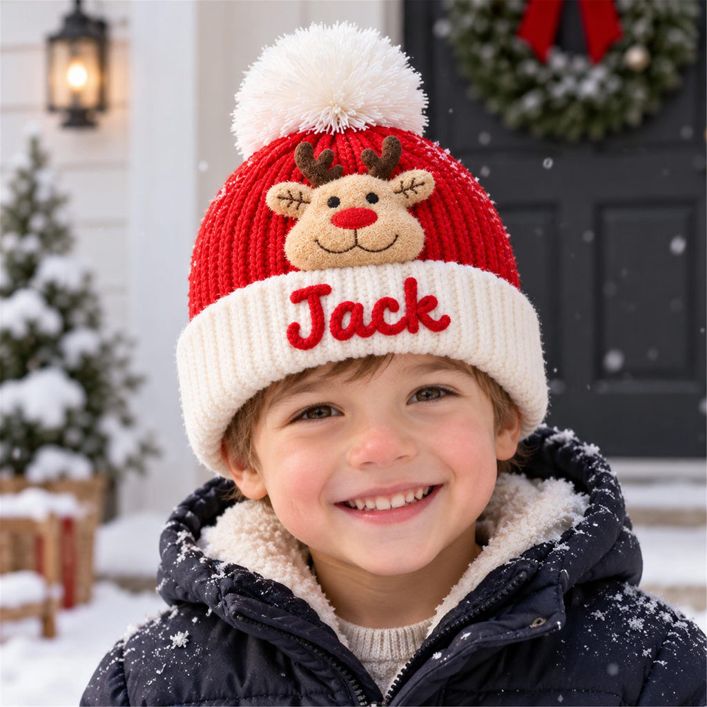 Custom Name Kids Winter Hat, Personalized Christmas Beanie with Plush Ornament, Holiday Gift for Toddler Boys Girls