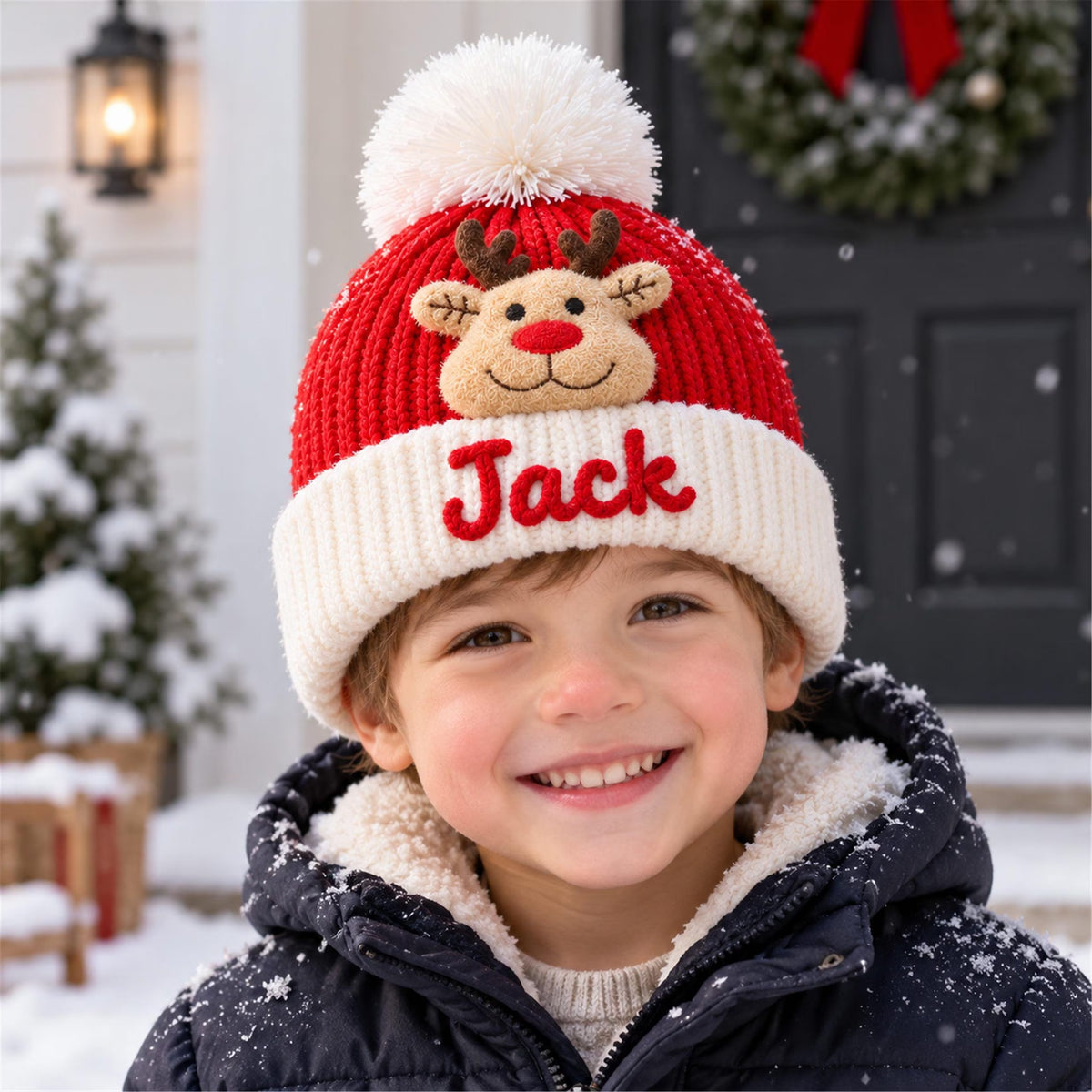 Custom Name Kids Winter Hat, Personalized Christmas Beanie with Plush Ornament, Holiday Gift for Toddler Boys Girls