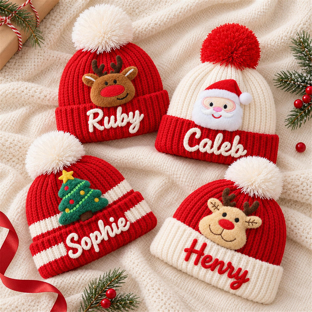 Custom Name Kids Winter Hat, Personalized Christmas Beanie with Plush Ornament, Holiday Gift for Toddler Boys Girls