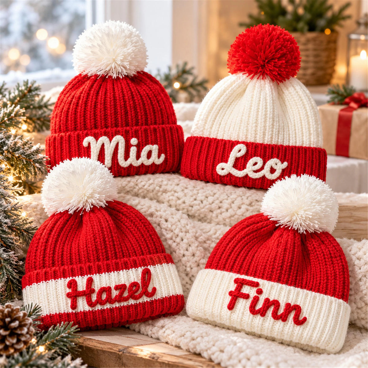 Custom Name Kids Winter Hat, Personalized Christmas Beanie with Plush Ornament, Holiday Gift for Toddler Boys Girls