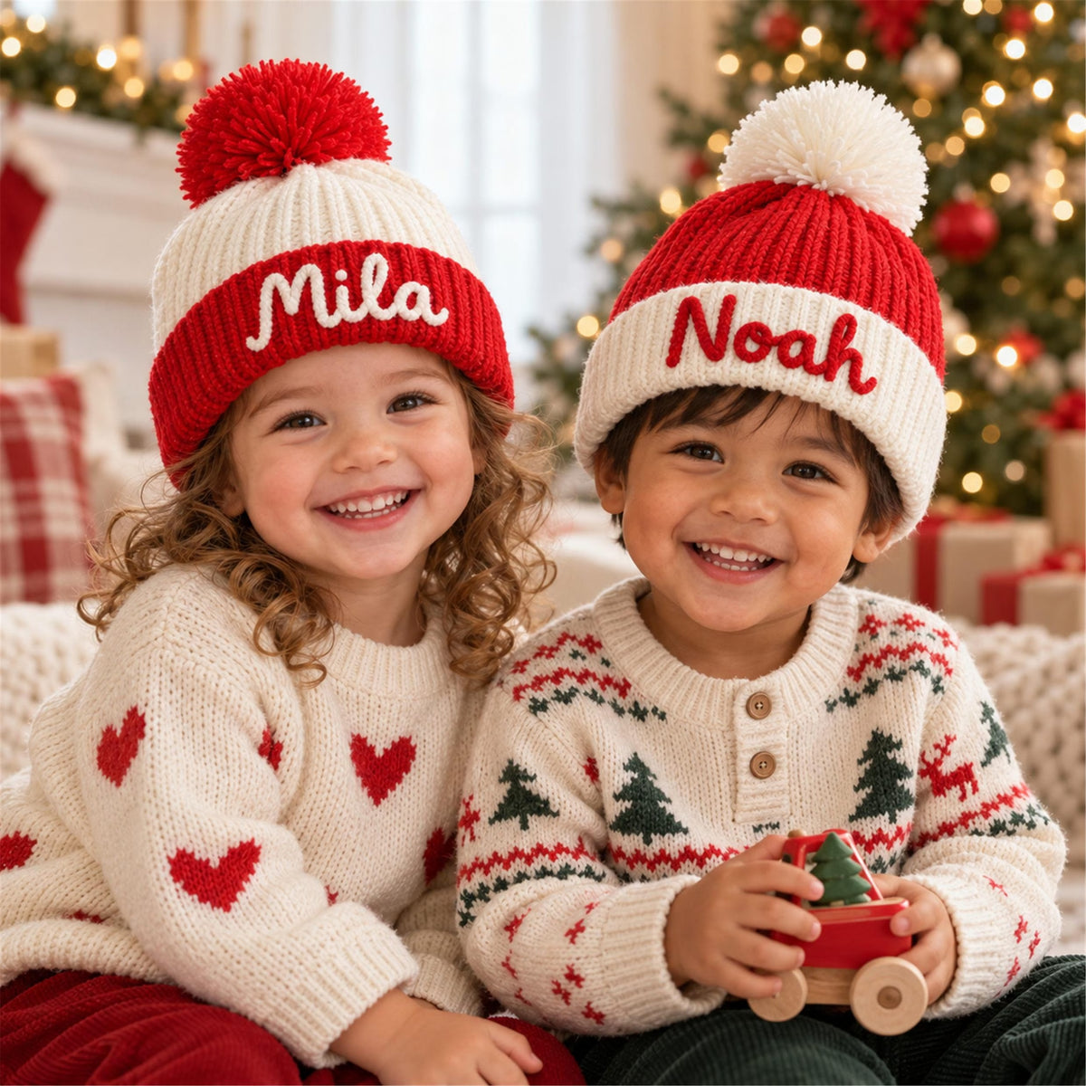Custom Name Kids Winter Hat, Personalized Christmas Beanie with Plush Ornament, Holiday Gift for Toddler Boys Girls