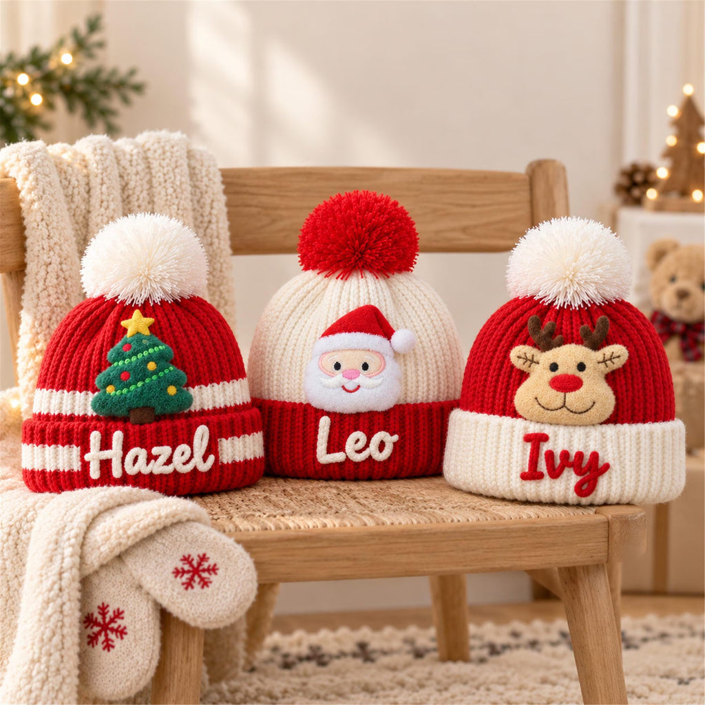 Custom Name Kids Winter Hat, Personalized Christmas Beanie with Plush Ornament, Holiday Gift for Toddler Boys Girls